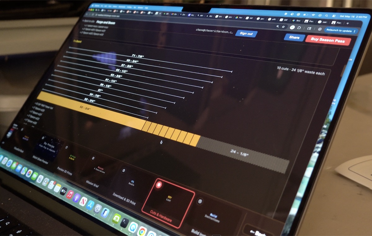 Forge and Boom Cuts & Hardware screen open on a laptop in the garage